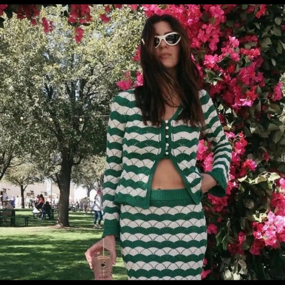 Women Sweater - Green and Cream Striped and 
Skirt MISA